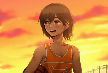 1boy alternate_eye_color ball basketball_(object) blurry blurry_background blush bright_pupils brown_eyes brown_hair cloud collarbone commentary dark-skinned_male dark_skin double-parted_bangs emergencysundae english_commentary evening hair_between_eyes highres holding holding_ball kel_(faraway)_(omori) kel_(omori) looking_to_the_side male_focus omori open_mouth power_lines short_hair smile solo tongue white_pupils