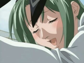 00s 1girl 2005 animal_ears animated animated_gif bible_black bible_black_only blue_eyes blush closed_eyes fence green_hair implied_sex ito_mika long_hair out-of-frame_censoring outdoors rabbit_ears school school_roof school_rooftop school_uniform sunset tagme