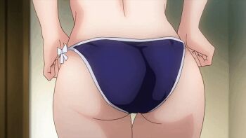 1girl animated animated_gif anus ass ass_focus back bare_back blonde_hair blue_bra blue_panties blue_thong bra butt_crack clothes_pull gluteal_fold green_eyes himegami_kodama huge_ass legs long_hair maken-ki! maken-ki!_two panties panty_pull solo takami_akio thong twintails underwear
