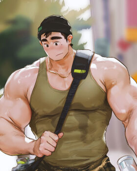 1boy bag bara beanie biceps black_hat blurry blurry_background blush broad_shoulders brown_eyes brown_hair collarbone commentary covered_abs covered_erect_nipples earrings english_commentary green_pants green_tank_top hat highres hoonzino huge_pectorals jewelry looking_down male_focus mole mole_under_eye muscular muscular_male no_nose no_pupils original pants pectoral_cleavage pectorals shiny_skin shoulder_bag sidepec solo sweat sweat_stain tank_top thick_arms thick_eyebrows upper_body v-taper very_sweaty