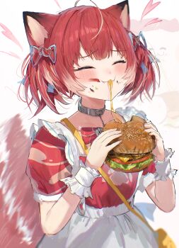 1girl absurdres ahoge akami_karubi animal_ears apron bow burger cat_ears cat_girl choker closed_eyes commentary crazy_raccoon dress eating fangs food food_on_face heart heart_choker highres kouchanthree multicolored_hair red_bow red_dress red_hair short_sleeves smile solo streaked_hair virtual_youtuber white_apron