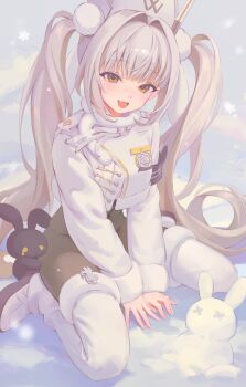 1girl absurdres armband black_pantyhose black_rabbit_(animal) blanc_(fortune_express)_(nikke) blanc_(nikke) blush boots coat corette cropped_coat cropped_jacket fur-trimmed_sleeves fur_trim goddess_of_victory:_nikke hat highres jacket long_hair long_sleeves looking_at_viewer no_pants official_alternate_costume open_mouth pantyhose rabbit sitting smile snow snowing snowman solo thigh_boots twintails very_long_hair wariza white_boots white_hair white_hat white_jacket winter_clothes winter_coat yellow_eyes