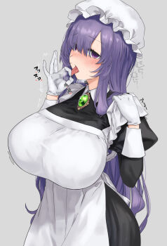 1girl apron black_dress blush borrowed_character breasts brooch collared_dress commentary_request contrast_collar cowboy_shot dress empty_eyes fellatio_gesture flipped_sidelocks francoise_(eurasia) frilled_headwear furrowed_brow gloves grey_background hair_over_one_eye hat highres huge_breasts jewelry juliet_sleeves long_hair long_sleeves maid maid_apron mob_cap mori_yashiro_(konkon_oyashiro) motion_lines ok_sign original parted_bangs puffy_sleeves purple_eyes purple_hair sexually_suggestive simple_background solo tongue tongue_out very_long_hair white_apron white_gloves white_hat