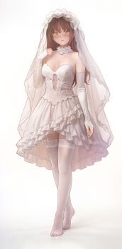 1girl absurdres bare_shoulders breasts bridal_veil bride brown_eyes brown_hair commentary_request dress elbow_gloves feet gloves highres lace lace-trimmed_dress lace-trimmed_thighhighs lace_trim long_hair looking_at_viewer original strapless strapless_dress thighhighs veil wedding_dress white_dress white_gloves white_thighhighs yewang19 yu_xuan_(yewang19) zettai_ryouiki