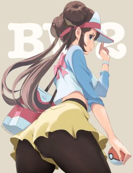 1girl adjusting_clothes adjusting_headwear bag black_pantyhose blue_eyes brown_hair cacn closed_mouth double_bun english_text hair_bun handbag highres holding holding_poke_ball long_hair looking_at_viewer nintendo pantyhose pantyhose_under_shorts poke_ball pokemon pokemon_bw2 rosa_(pokemon) shorts smile text_background wristband