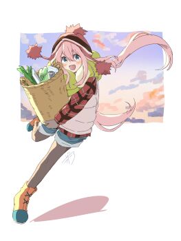 Rule 34 | 1girl, basket, beanie, black pantyhose, blue eyes, blue shorts, boots, commentary request, double-parted bangs, earflap beanie, full body, green scarf, hair between eyes, hat, highres, holding, holding basket, kagamihara nadeshiko, long hair, long sleeves, looking at viewer, lsgn a, open mouth, pantyhose, pink hair, plaid clothes, plaid shirt, pom pom (clothes), pom pom beanie, red hat, red shirt, running, scarf, shirt, shorts, signature, smile, solo, sunset, very long hair, vest, white background, white vest, yellow boots, yurucamp