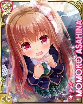 1girl asahina_momoko badge black_thighhighs blazer blue_jacket bookshelf bow brown_hair button_badge card_(medium) character_name closeup girlfriend_(kari) hair_bow hair_ribbon indoors jacket necktie official_art one_side_up open_mouth plaid_clothes plaid_skirt polka_dot polka_dot_bow qp:flapper red_eyes ribbon school_uniform side_ponytail skirt solo thighhighs upset