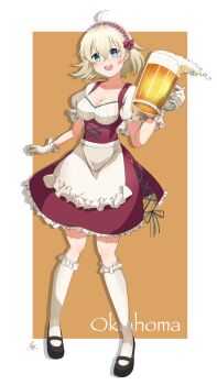 1girl :d absurdres ahoge alternate_costume apron azur_lane beer_mug black_shoes blue_eyes breasts brown_background character_name cleavage commentary_request cup dirndl dress frilled_dress frilled_socks frills full_body german_clothes gloves hairband highres looking_at_viewer mary_janes medium_breasts medium_hair mug oklahoma_(azur_lane) open_mouth rakuza_(ziware30) red_dress red_hairband shoes short_hair smile socks solo two-tone_background waist_apron white_background white_gloves white_socks