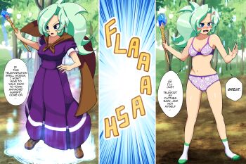 1girl 3koma accidental_exposure anger_vein animal_print armpits blue_eyes blush boots bra breasts brown_footwear cape cleavage unworn_clothes collarbone comic day dress embarrassed english_text euf-dreamer female_focus floral_print forest full_body highres holding holding_staff legs light_green_hair long_dress long_hair matching_underwear medium_breasts midriff multiple_views nature navel neck open_mouth original outdoors panties parted_bangs ponytail purple_bra purple_panties rabbit_print sequential shiny_clothes shiny_skin short_sleeves sidelocks socks sound_effects speech_bubble staff standing thighs tree underwear underwear_only wardrobe_malfunction wavy_mouth