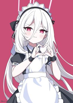 1girl absurdres apron black_dress blue_archive blush commentary double-parted_bangs dress four-finger_heart_hands frilled_apron frills hair_between_eyes half_updo halo heart heart_hands heart_in_heart_hands highres kashima_(ksm_kai) kei_(blue_archive) kei_(new_body)_(blue_archive) long_hair long_hair_between_eyes looking_at_viewer maid_apron maid_headdress puffy_short_sleeves puffy_sleeves red_background red_eyes ringed_eyes short_sleeves simple_background solo very_long_hair white_apron white_hair wristband