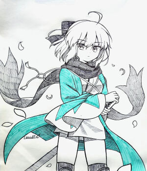 1girl absurdres ahoge aqua_kimono closed_mouth commentary_request fate/grand_order fate_(series) highres japanese_clothes kimono lanubis looking_at_viewer okita_souji okita_souji_(fate) okita_souji_(koha-ace) scarf short_hair signature solo traditional_media