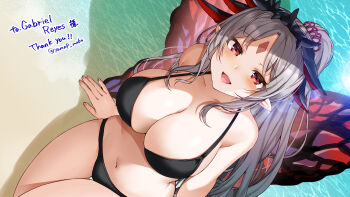 1girl :d absurdres alternate_costume bare_arms bare_shoulders beach bikini black_bikini blush breasts butterfly_wings cleavage collarbone commentary_request commission crown_of_thorns dutch_angle facial_mark fairy fairy_wings fang fire_emblem fire_emblem_heroes forehead_mark from_above grey_hair hair_vines hexagon highres insect_wings large_breasts light_rays long_hair looking_at_viewer looking_up multicolored_hair multicolored_wings navel nintendo ocean open_mouth outdoors plumeria plumeria_(fire_emblem) pointy_ears ponytail red_eyes sand sideboob skeb_commission skin_fang skindentation smile solo stomach sun swimsuit thighs very_long_hair water wings yam_(yamap_mako)