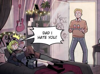 1girl 2boys ^^^ black_dress blonde_hair breasts brown_shirt brown_sweater caught commentary couple cup door dress drinking_glass english_commentary english_text father_and_daughter glasses goth_fashion green_hair grey_hair grey_pants guitar holding holding_tray indoors instrument jowa long_sleeves lying merryweather multiple_boys on_back open_door open_mouth original pants shelf shirt short_hair speech_bubble standing sweater talking tray walk-in