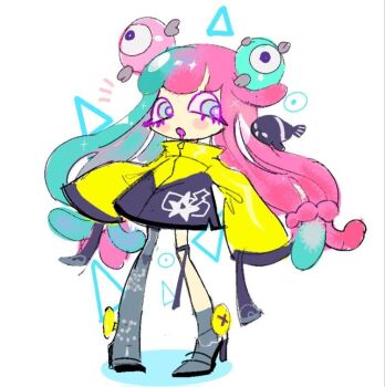 asymmetrical_legwear blue_eyes blue_hair cosplay gen_1_pokemon harmony_(splatoon) iono_(pokemon) iono_(pokemon)_(cosplay) jacket kazumi451 long_sleeves magnemite mismatched_legwear multicolored_eyes multicolored_hair nintendo oversized_jacket pink_hair pokemon pokemon_sv purple_eyes splatoon_(series) splatoon_3 two-tone_eyes two-tone_hair white_background yellow_jacket