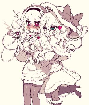 2girls ;d blush bow cigarette fur_hat grabbing_another's_breast grabbing_from_behind groping hairband hat hat_bow heart heart-shaped_pupils heart_of_string high_heels highres holding holding_cigarette incest komeiji_koishi komeiji_satori looking_at_another multiple_girls one_eye_closed open_mouth partially_colored rampa93 siblings sisters smile symbol-shaped_pupils thighhighs third_eye touhou winter_clothes