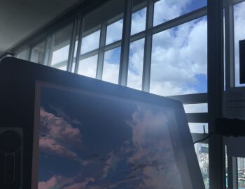 blue_sky building cityscape cloud cloudy_sky day highres indoors no_humans object_focus original photorealistic realistic scenery screen sky slow_d window