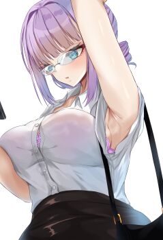 arm_up armpits bag blue_eyes bra_visible_through_clothes breasts commentary_request glasses heaven_burns_red highres higuchi_seika medium_breasts purple_eyes shoulder_bag simple_background user_juda5744