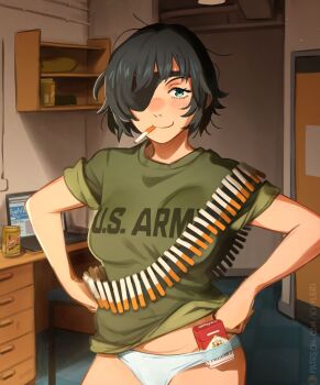 1girl absurdres black_hair blush box breasts can chainsaw_man cigarette cigarette_pack clothes_writing commentary computer eyepatch green_eyes green_shirt hands_on_own_hips highres himeno_(chainsaw_man) indoors khyle. laptop marlboro medium_breasts mouth_hold no_pants panties shirt short_hair short_sleeves solo t-shirt underwear upper_body white_panties