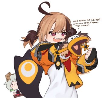 2girls :d brown_hair cecilia_immergreen chibi clenched_hand commentary cropped_jacket earrings english_commentary english_text gigi_murin gigi_murin_(1st_costume) hand_puppet highres hololive hololive_english jacket jewelry multicolored_hair multiple_girls open_mouth orange_jacket outstretched_arm pink_eyes puppet sharp_teeth simple_background smile solid_circle_eyes solo_focus stud_earrings tail teeth twintails two-tone_hair virtual_youtuber white_background winding_key yoako zipper_pull_tab