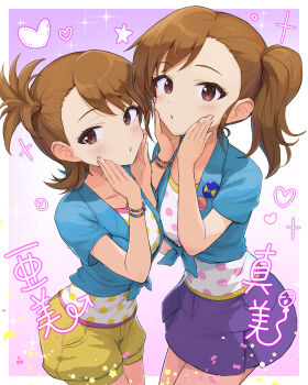 2girls absurdres bead_bracelet beads bracelet brown_eyes brown_hair commentary_request futami_ami futami_mami gradient_background heart highres idolmaster idolmaster_(classic) idolmaster_million_live! idolmaster_million_live!_theater_days jewelry looking_at_viewer multiple_girls pink_background polka_dot polka_dot_shirt purple_shorts shirt short_hair shorts shuucream_(syuichi) siblings side_ponytail sisters twins white_shirt yellow_shorts