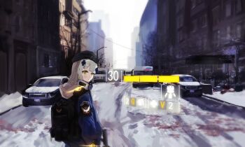 1girl agent_416_(girls'_frontline) agent_416_(shield_of_manhattan)_(girls'_frontline) backpack bag beanie black_bag black_hat blue_jacket blunt_bangs blush city cityscape day english_text from_behind girls'_frontline green_eyes grey_hair gun hair_ornament hat headphones headphones_around_neck highres hk416_(girls'_frontline) holding holding_gun holding_weapon hood hood_down hooded_jacket jacket long_hair long_sleeves looking_at_viewer outdoors police s41ty sidelocks snow solo tattoo teardrop_tattoo tom_clancy's_the_division turning_head user_interface weapon winter