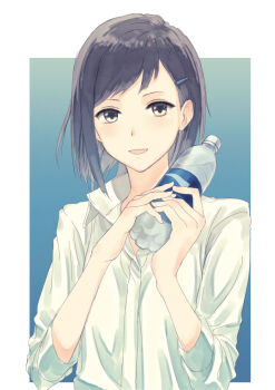 1girl black_hair bottle brown_eyes collared_shirt commentary dress_shirt hair_ornament hairclip holding holding_bottle looking_at_viewer open_mouth original revision shirt simple_background smile solo three-quarter_sleeves water_bottle white_shirt yukitake_(bullfalk)