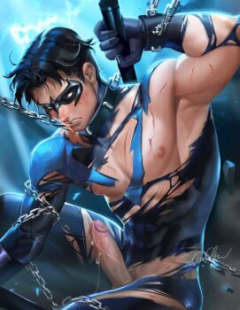 1boy chain dick_grayson highres male_focus mask nightwing penis solo superhero_costume tagme torn_clothes