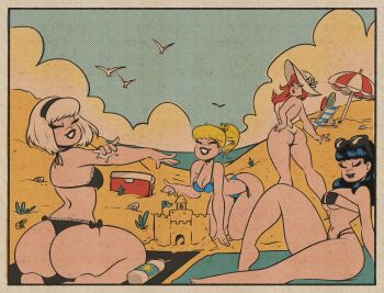 4girls absurdres archie_(comic) ass beach ben-day_dots betty_cooper bikini black_bikini black_hair black_lips blonde_hair blue_bikini blue_sky border breasts cheryl_blossom closed_eyes cloud dan_decarlo_(style) day highres kneeling large_breasts long_hair multiple_girls outdoors outside_border red_hair retro_artstyle sabrina_spellman sabrina_the_teenage_witch sand sand_castle sand_sculpture screentones sgtmadness short_hair sitting sky swimsuit toon_(style) veronica_lodge white_border white_hair