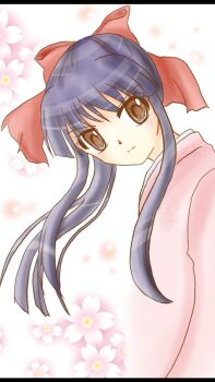 1girl bow brown_eyes cherry_blossoms hair_ribbon highres japanese_clothes long_hair looking_at_viewer ponytail purple_hair red_bow ribbon sakura_taisen sega serious shinguuji_sakura solo