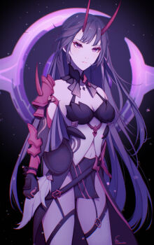 Rule 34 | 1girl, absurdres, armor, breasts, catandcrumbles, cleavage, closed mouth, commentary, english commentary, highres, honkai (series), honkai impact 3rd, horns, large breasts, long hair, looking at viewer, navel, night, outdoors, pauldrons, purple eyes, purple hair, raiden mei, raiden mei (herrscher of thunder), shoulder armor, single pauldron, sky, solo, star (sky), starry sky, thighhighs, very long hair, white thighhighs