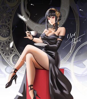 1girl abstract_background absurdres bare_legs bare_shoulders black_background black_choker black_dress black_hair black_shoes black_sleeves box braid breasts character_name choker cleavage collarbone crescent_moon crossed_legs cup detached_sleeves dress earrings english_text falling_feathers feathers floating_earrings flower_hairpin gem gold_flower gold_hairband gradient_background grey_background hair_bun hair_ornament hairband high_heels highres holding holding_cup holding_plate jewelry large_breasts legs lips long_dress long_hair looking_at_viewer mature_female metal_flower moon notgustiarp on_box parted_bangs pink_lips plate red_eyes shoes sidelocks single_bare_arm single_braid single_sleeve sitting sitting_on_box sleeveless sleeveless_dress smile solo spy_x_family star_(symbol) steam strapless strapless_dress striped_background structure thighs white_background white_feathers wristband yellow_gemstone yor_briar