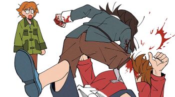 1girl 2boys abaddon_(haunted_hotel) abaddon_(human)_(haunted_hotel) attack ben_freeling bleeding blood blood_on_clothes blood_on_face blood_on_hands blue_coat brown_hair child clenched_hand coat commentary_request esther_freeling green_coat haunted_hotel highres injury insidej043 korean_commentary multiple_boys orange_hair punching short_hair shorts simple_background white_background