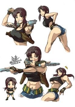 Rule 34 | 1girl, abs, ass, bare shoulders, black lagoon, breasts, chibi, fingerless gloves, gloves, gun, highres, large breasts, long hair, mimiyama kiichi, ponytail, purple hair, revy (black lagoon), shorts, sleeveless, tattoo, underboob, weapon