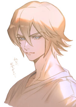 Rule 34 | 1boy, ace of diamond, blonde hair, blue eyes, closed mouth, commentary request, looking at viewer, male focus, okumura koushuu, renorenoko, shirt, short hair, simple background, solo, v-neck, white background, white shirt