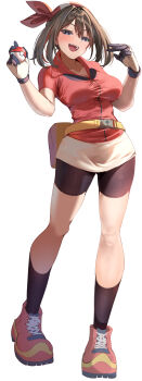 1girl absurdres bandana bike_shorts black_socks blue_eyes blush breasts brown_hair commentary_request fanny_pack full_body gloves highres holding holding_poke_ball large_breasts looking_at_viewer may_(pokemon) momdy_(talesshinja) nintendo open_mouth poke_ball poke_ball_(basic) pokemon pokemon_rse red_bandana red_shirt shirt shoes short_hair shorts simple_background skirt smile sneakers socks solo standing tachi-e white_background white_skirt