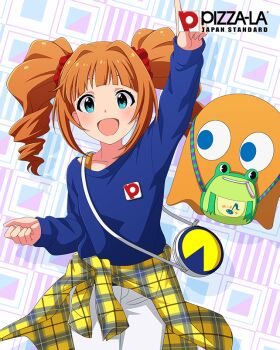 Rule 34 | 1girl, bag, blue eyes, card (medium), clothes around waist, drill hair, english text, frog, ghost, handbag, idolmaster, idolmaster million live!, idolmaster million live! theater days, official art, open mouth, orange hair, pac-man (game), pointing, pointing up, sweater, sweater around waist, takatsuki yayoi, twintails