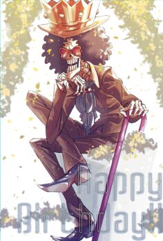 1boy afro ascot black_hair black_suit blue_ascot brook_(one_piece) cane crossed_legs crown formal_clothes happy_birthday head_rest highres holding holding_cane looking_at_viewer male_focus one_piece pointy_shoes shoes sitting skeleton smile solo suit sunglasses tomatop
