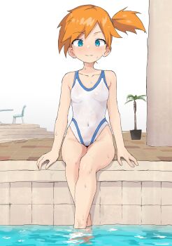 Rule 34 | 1girl, absurdres, asymmetrical hair, barefoot, blue eyes, blush, breasts, closed mouth, competition swimsuit, covered navel, feet, feet in water, female focus, gen 1 pokemon, gym leader, hair tie, highres, knees, light smile, looking at viewer, misty (pokemon), navel, nintendo, one-piece swimsuit, orange hair, plant, pokemon, pokemon hgss, ponytail, pool, potted plant, side ponytail, sitting, smile, solo, swimsuit, thighs, water, wet, wet hair, yakihebi
