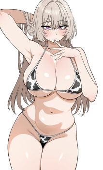 1girl absurdres animal_print arm_up armpits bare_arms bare_shoulders bikini blush breasts cleavage closed_mouth collarbone commentary_request cow_print cow_print_bikini cowboy_shot finger_to_mouth grey_hair groin hand_in_own_hair highres huge_breasts korean_commentary long_hair looking_at_viewer micro_bikini navel original print_bikini purple_eyes simple_background siribang1215 skindentation solo swimsuit white_background