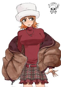 Rule 34 | 1boy, 1girl, belt, belt buckle, breasts, brown eyes, brown jacket, buckle, checkered clothes, checkered skirt, commentary, cowboy shot, earrings, fur-trimmed headwear, fur trim, hat, highres, jacket, jewelry, large breasts, long sleeves, looking at another, miniskirt, multiple rings, nami (one piece), necklace, oestart, official alternate costume, one piece, open clothes, open jacket, orange hair, pleated skirt, red belt, red sweater, ribbed sweater, ring, short hair, simple background, skirt, straight-on, sweater, tony tony chopper, turtleneck, turtleneck sweater, white background, white hat