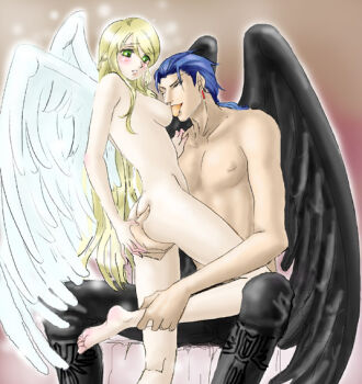 1boy 1girl aozora_kyuuji ass ass_grab bare_shoulders barefoot black_eyes black_wings blonde_hair blue_hair blush breasts couple earrings feet fire_emblem fire_emblem:_path_of_radiance fire_emblem:_radiant_dawn green_eyes hand_on_shoulder hetero jewelry king laguz_(race) leanne_(fire_emblem) leg_grab licking licking_breast licking_nipple long_hair medium_breasts naesala_(fire_emblem) nintendo nipple_stimulation nipples nude one_eye_closed pointy_ears ponytail sideboob sitting tongue very_long_hair wings wink