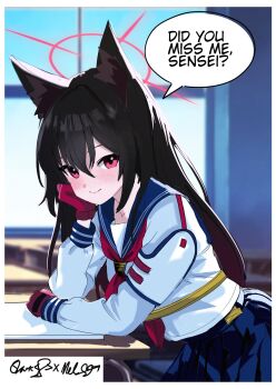 1girl animal_ear_fluff animal_ears black_hair blue_archive blue_sailor_collar blue_skirt blush closed_mouth fox_ears fox_girl from_side gloves hair_between_eyes halo head_rest highres long_hair melissa_v2 neckerchief red_eyes red_gloves red_halo red_neckerchief sailor_collar shirt sidelocks skirt smile solo white_shirt yukino_(blue_archive)