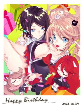 2girls arm_around_shoulder bear_hair_ornament birthday_present black_bra black_shirt blonde_hair blue_eyes border bow bra breasts carrying carrying_person cleavage closed_mouth cosplay danganronpa_(series) dated doll ears enoshima_junko enoshima_junko_(cosplay) eyebrows eyelashes fingernails freckles hair_bow hair_ornament happy_birthday holding_person ikusaba_mukuro incest large_breasts long_hair looking_at_viewer medium_hair multicolored_background multiple_girls nail_polish open_mouth otonashi_ryouko pleated_skirt rabbit_hair_ornament red_hair red_nails red_skirt shirt siblings sisters skirt smile stuffed_toy tongue tongue_out twincest twins twintails underwear white_border white_shirt yuri