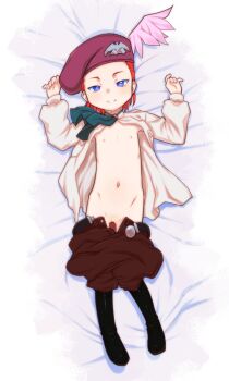 1girl ascot baggy_pants bar_censor bed_sheet black_boots blue_ascot blue_eyes boots brown_pants censored clothes_pull commentary_request commission dakimakura_(medium) flat_chest gundam gundam_wing hat highres loli long_sleeves lying mariemaia_khushrenada navel nipples on_back open_clothes open_shirt pants pants_pull parted_lips puffy_long_sleeves puffy_sleeves purple_hat pussy red_hair shirt short_hair skeb_commission smile solo teruki_kuma very_short_hair white_shirt