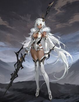 1girl asymmetrical_horns blue_eyes boots breasts closed_mouth commentary couter dagger dark-skinned_female dark_skin elbow_gloves english_commentary floating_hair full_body gloves hair_between_eyes hair_intakes heterochromia highres holding holding_dagger holding_knife holding_polearm holding_weapon horns iamc95 knife lance large_breasts leotard long_hair looking_at_viewer mountainous_horizon original outdoors overcast polearm sky solo standing thigh_boots thigh_gap uneven_horns very_long_hair weapon white_boots white_gloves white_hair white_leotard yellow_eyes