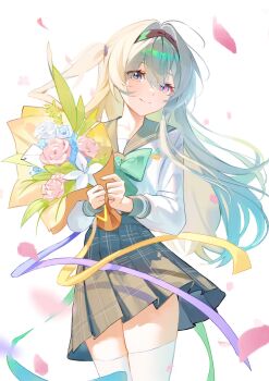 1girl blue_pupils bouquet firefly_(honkai:_star_rail) firefly_(spring_missive)_(honkai:_star_rail) flower gradient_hair grey_hair hair_intakes hairband highres holding holding_bouquet honkai:_star_rail honkai_(series) long_hair multicolored_eyes multicolored_hair sa_mhe skirt smile solo two-tone_eyes