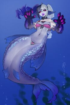 1girl absurdres black_hair black_sclera blue_scales bra breasts character_request claws colored_sclera commentary_request commission ekrea_jan fins full_body head_fins highres long_hair looking_at_viewer medium_breasts mermaid monster_girl murmaider navel open_mouth original purple_bra red_eyes scales skeb_commission solo twintails underwater underwear virtual_youtuber white_hair
