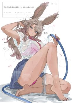1girl absurdres animal_ears barefoot blonde_hair blue_eyes blue_skirt bra closed_mouth commentary dark-skinned_female dark_skin final_fantasy final_fantasy_xiv fingernails gyaru hair_over_shoulder hand_in_own_hair heart highres holding holding_hose hose knee_up long_fingernails long_hair looking_at_viewer miniskirt mole mole_under_eye nail_polish necktie odaibako original panties pantyshot pink_bra pink_nails pink_panties plamja_jukov pleated_skirt puddle rabbit_ears rabbit_girl red_necktie see-through_clothes see-through_shirt shirt short_sleeves simple_background sitting skirt solo thighs toenail_polish toenails translation_request underwear viera warrior_of_light_(ff14) wet wet_clothes wet_shirt white_background white_shirt