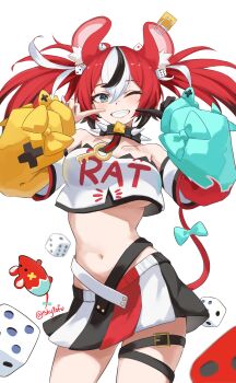 1girl absurdres animal_ear_fluff animal_ears aqua_bow artist_name asymmetrical_sleeves bare_shoulders black_gloves black_hair blue_eyes blush bow breasts cheese clothes_writing collar collarbone cowboy_shot detached_sleeves dice dice_hair_ornament double-parted_bangs english_text food gloves grin hair_between_eyes hair_ornament hakos_baelz hakos_baelz_(1st_costume) highres hololive hololive_english key long_sleeves looking_at_viewer medium_breasts mismatched_sleeves mouse_(animal) mouse_ears mouse_girl mouse_tail mousetrap mr._squeaks_(hakos_baelz) multicolored_hair multicolored_skirt navel one_eye_closed pointing pointing_at_self print_shirt red_hair shirt simple_background single_glove skirt skytofu smile solo spiked_collar spikes standing stomach strapless strapless_shirt streaked_hair tail tail_bow tail_ornament thigh_strap twintails underboob virtual_youtuber white_background white_hair white_shirt