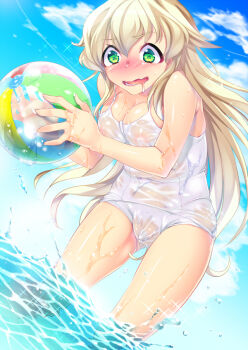 1girl bad_id bad_pixiv_id ball bare_arms bare_legs bare_shoulders beachball blonde_hair blue_sky blush breasts cleavage cowboy_shot day dripping drooling female_focus furrowed_brow green_eyes holding holding_ball holding_beachball long_hair medium_breasts menstruation minamoto_(mutton) nose_blush one-piece_swimsuit open_mouth original outdoors platinum_blonde_hair school_swimsuit see-through_clothes shiny_skin sky solo swimsuit tampon textless_version transparent wading water_drop wavy_mouth white_one-piece_swimsuit white_school_swimsuit